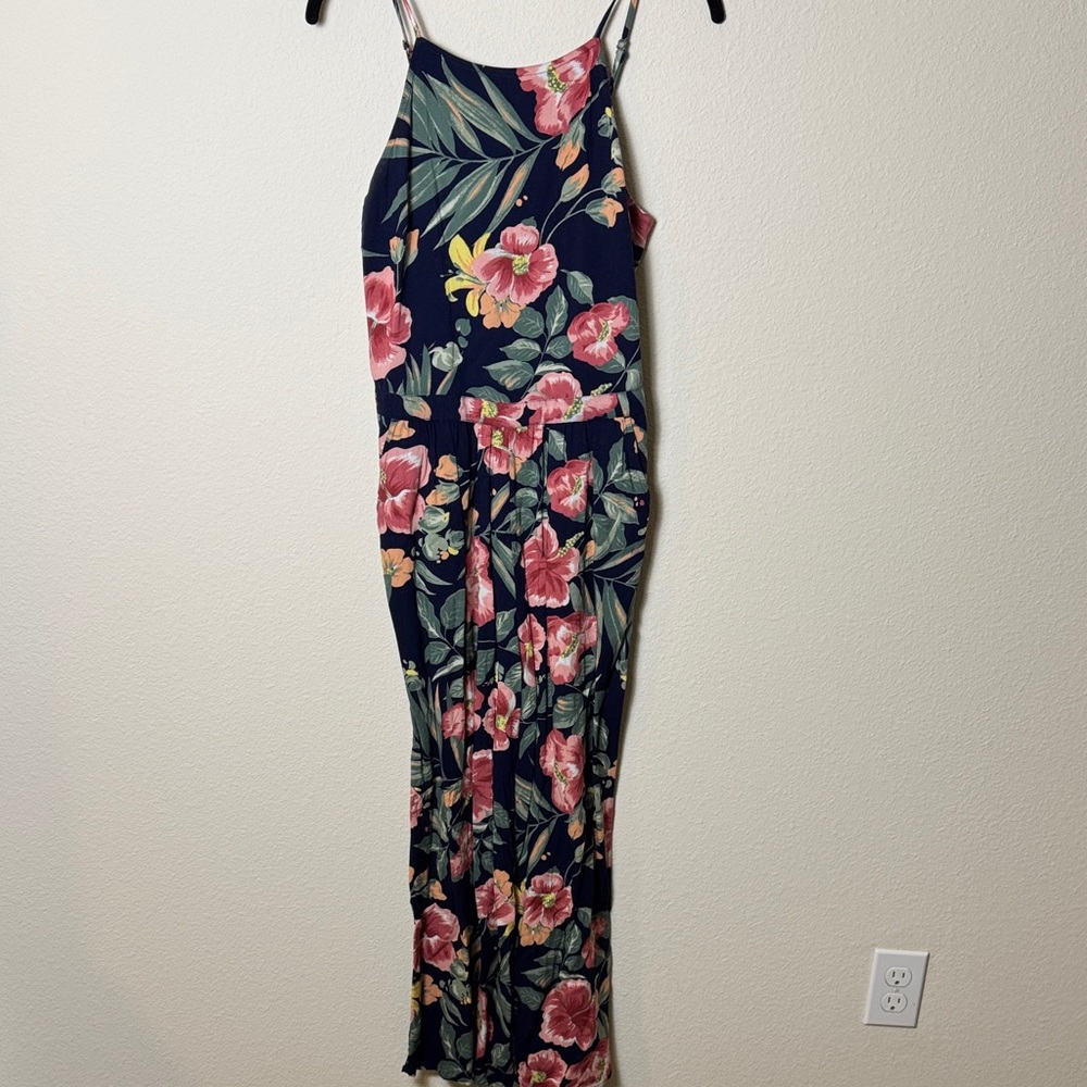 Hollister Navy Floral Jumpsuit with Pink and Green Accents